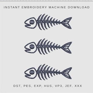 May include: Three embroidered fish skeleton designs in dark blue on a light gray background. The text "INSTANT EMBROIDERY MACHINE DOWNLOAD" is at the top. Below the fish skeletons are the file types: DST, PES, EXP, HUS, VP3, JEF, XXX.