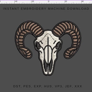 May include: An embroidered ram skull design with brown horns and a cream-colored skull, outlined in black thread. The text "INSTANT EMBROIDERY MACHINE DOWNLOAD" is at the top. Below, the file types DST, PES, EXP, HUS, VP3, JEF, and XXX are listed.