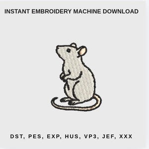 May include: An embroidered design of a rat, in a light gray color, with a black outline and a long tail. The text "INSTANT EMBROIDERY MACHINE DOWNLOAD" is at the top. Below the rat are the file types: DST, PES, EXP, HUS, VP3, JEF, XXX.