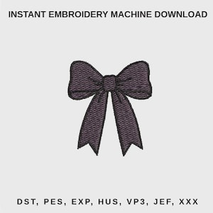 May include: A dark purple embroidered bow design featuring a central knot and two downward-pointing tails. The text INSTANT EMBROIDERY MACHINE DOWNLOAD appears at the top, and the file formats DST, PES, EXP, HUS, VP3, JEF, XXX are listed below.