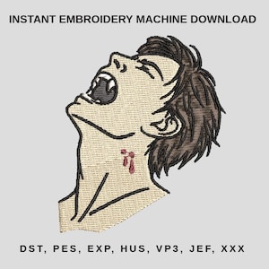 Puede incluir: Diseño de máquina de bordar que presenta una ilustración estilizada de un vampiro con colmillos y sangre goteando del cuello. El diseño utiliza tonos beige, marrón y rojo, con el texto "INSTANT EMBROIDERY MACHINE DOWNLOAD" en la parte superior.