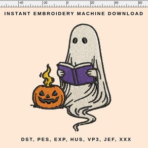 May include: An embroidery design of a cartoon ghost reading a book next to a jack-o'-lantern. The ghost is white with black eyes, holding a purple book. The pumpkin is orange with a carved face and a flame. Text reads "INSTANT EMBROIDERY MACHINE DOWNLOAD".