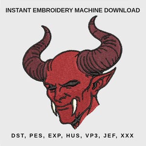 May include: A red devil face embroidery design with large horns, sharp teeth, and a stern expression. The text "INSTANT EMBROIDERY MACHINE DOWNLOAD" is at the top. Below the image are the file formats: DST, PES, EXP, HUS, VP3, JEF, and XXX.