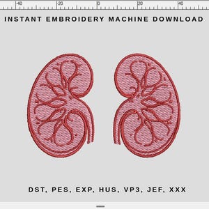 May include: An embroidery design featuring two stylized kidney shapes in red thread. The design includes internal branching patterns and is set against a light gray background. Text at the top reads "INSTANT EMBROIDERY MACHINE DOWNLOAD".