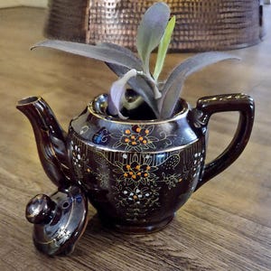 Può includere: Una teiera in ceramica marrone scuro con un motivo floreale, usata come fioriera. La teiera ha un coperchio e un manico. La pianta ha foglie viola e verdi. La teiera è su una superficie di legno.