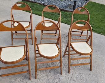 Vintage Wooden Folding Chairs Set of 6 | J.P. Redington Banquet Chairs | Cream Padded Seats | Wedding Event Seating | Folding Wood Chairs