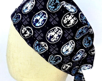Brain MRI Tie Back Scrub Hat.  Custom Brain Scan Print Surgical Cap