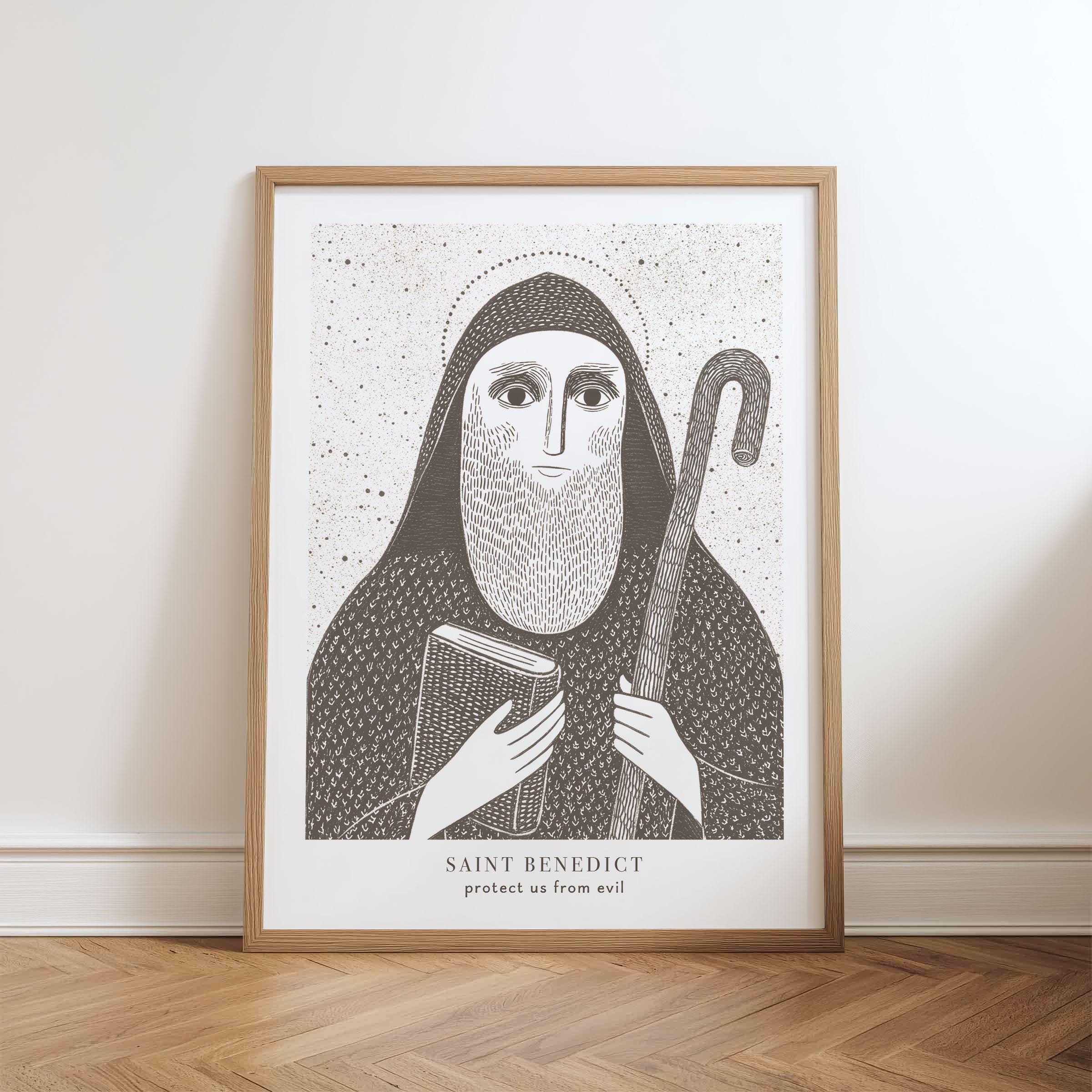 Saint Benedict Brown Home Decor Print — Catholic printable wall art drawn by the artist for Bluepaperdog