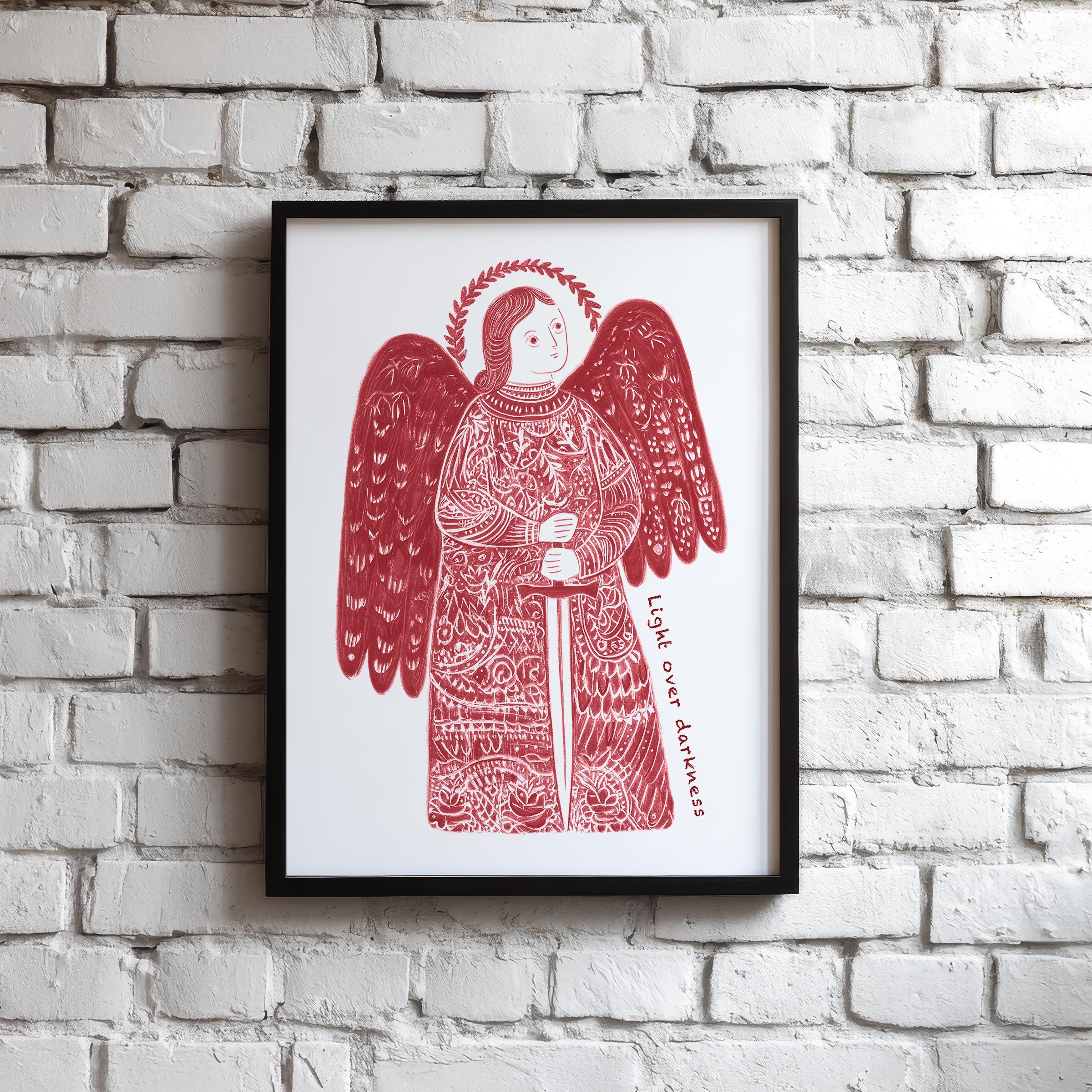 Saint Michael Archangel Red Print — Catholic printable wall art drawn by the artist for Bluepaperdog