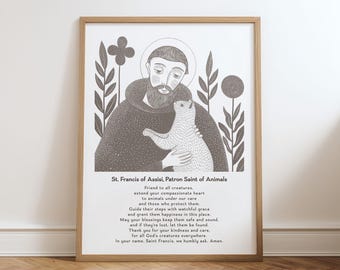 Saint Francis of Assisi with Cat, Brown Prayer for Pets Poster