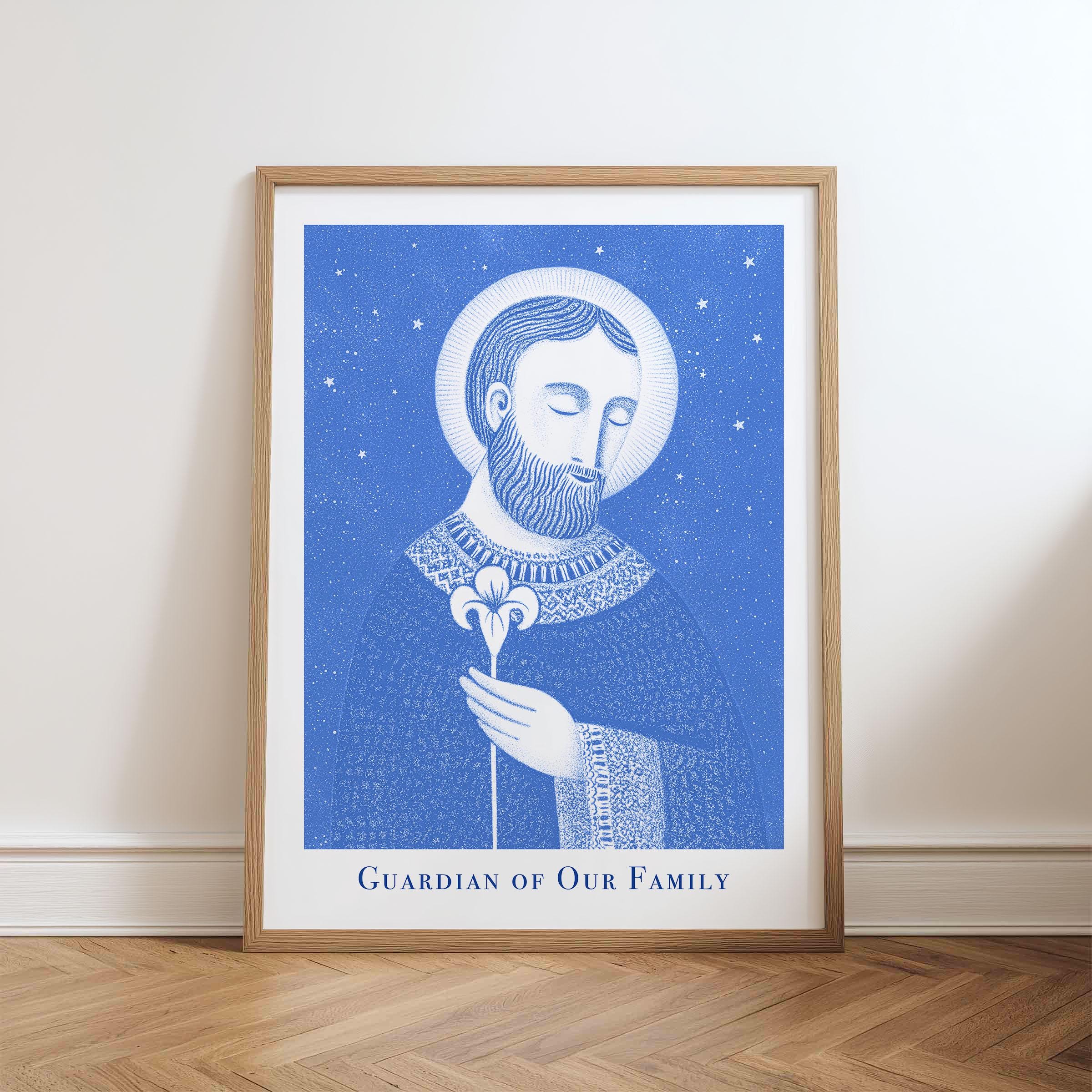 Saint Joseph Guardian Family Print — Catholic printable wall art drawn by the artist for Bluepaperdog