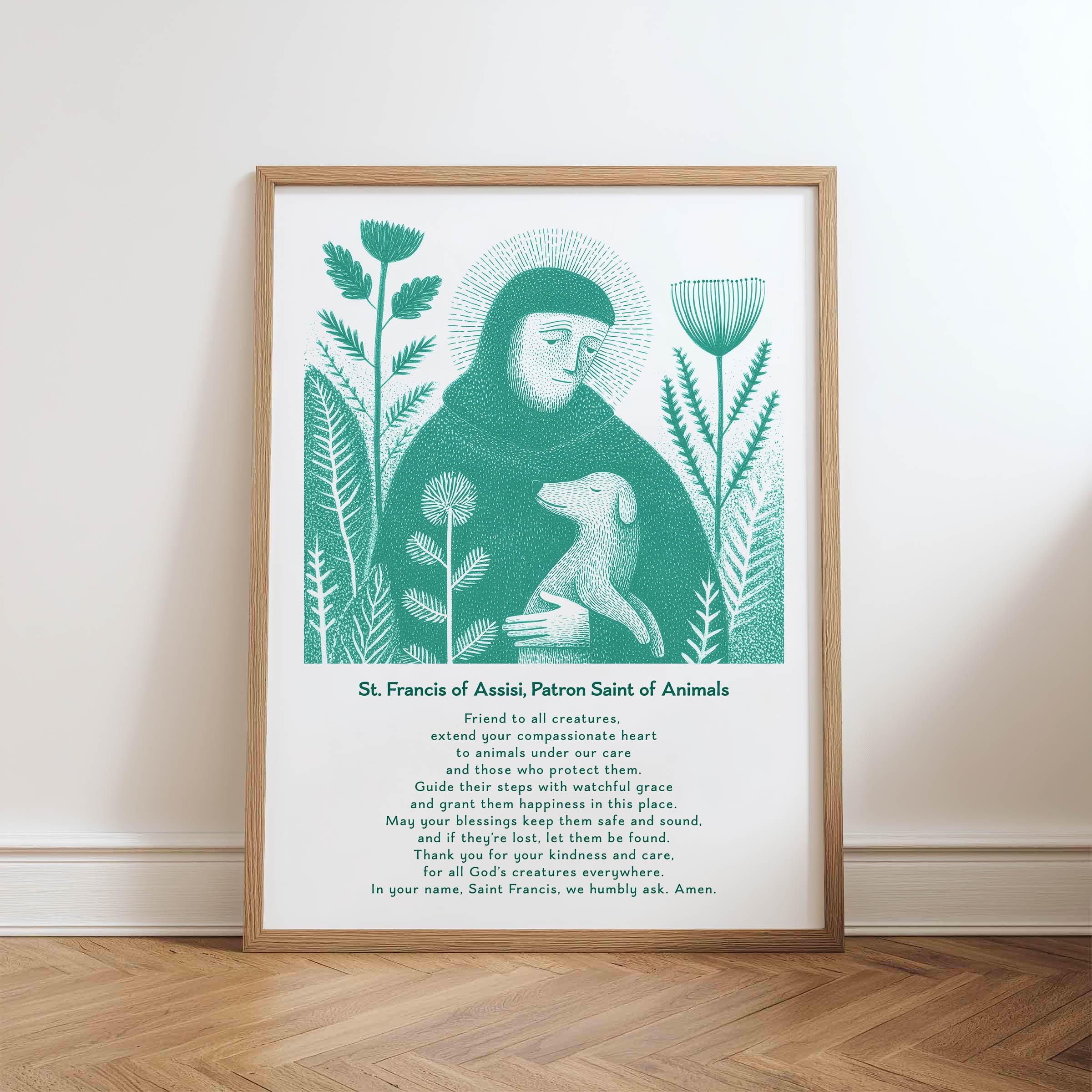 Saint Francis with a dog — modern hand-drawn Catholic printable wall art by Bluepaperdog