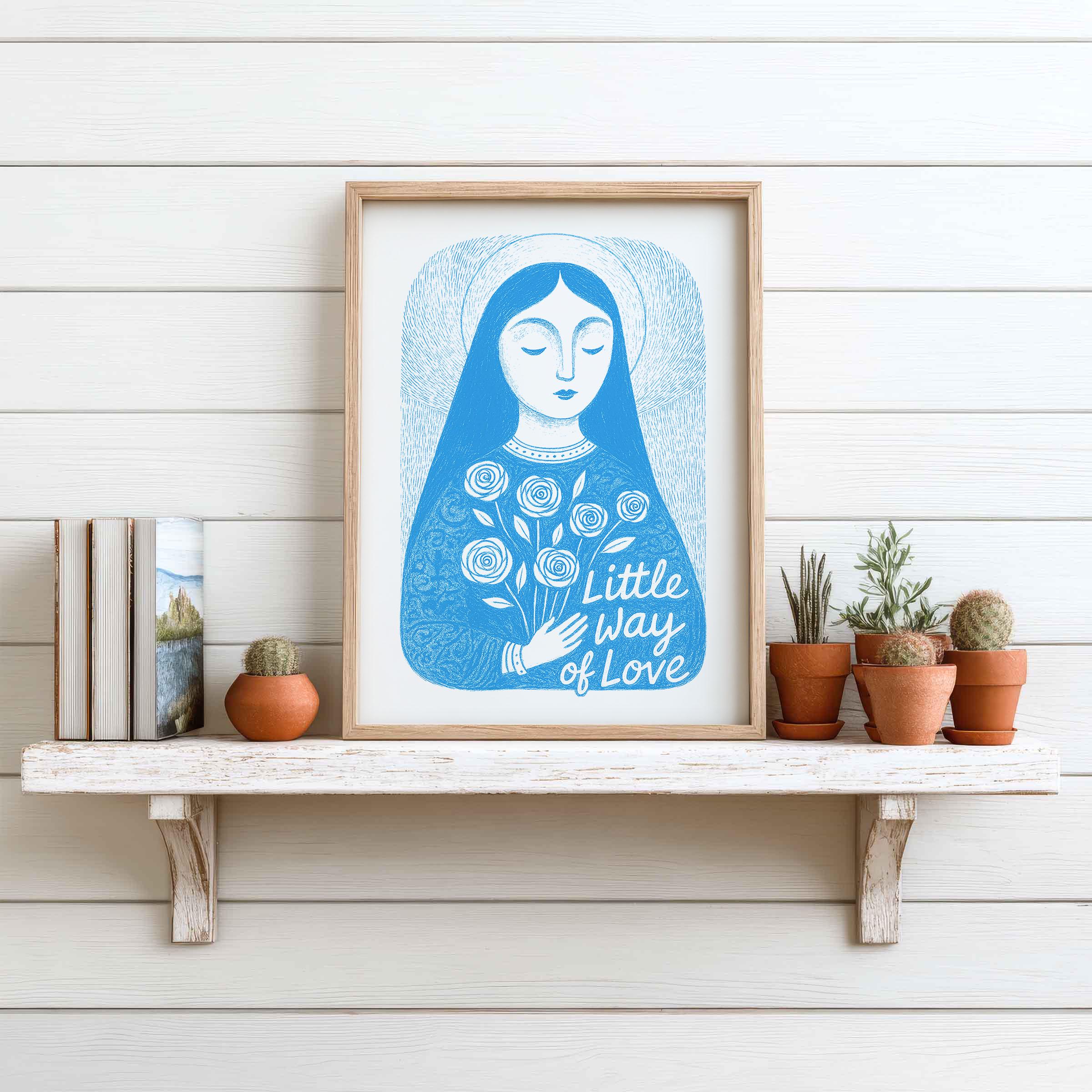 Saint Therese Blue Little Flower Print — Catholic printable wall art drawn by the artist for Bluepaperdog