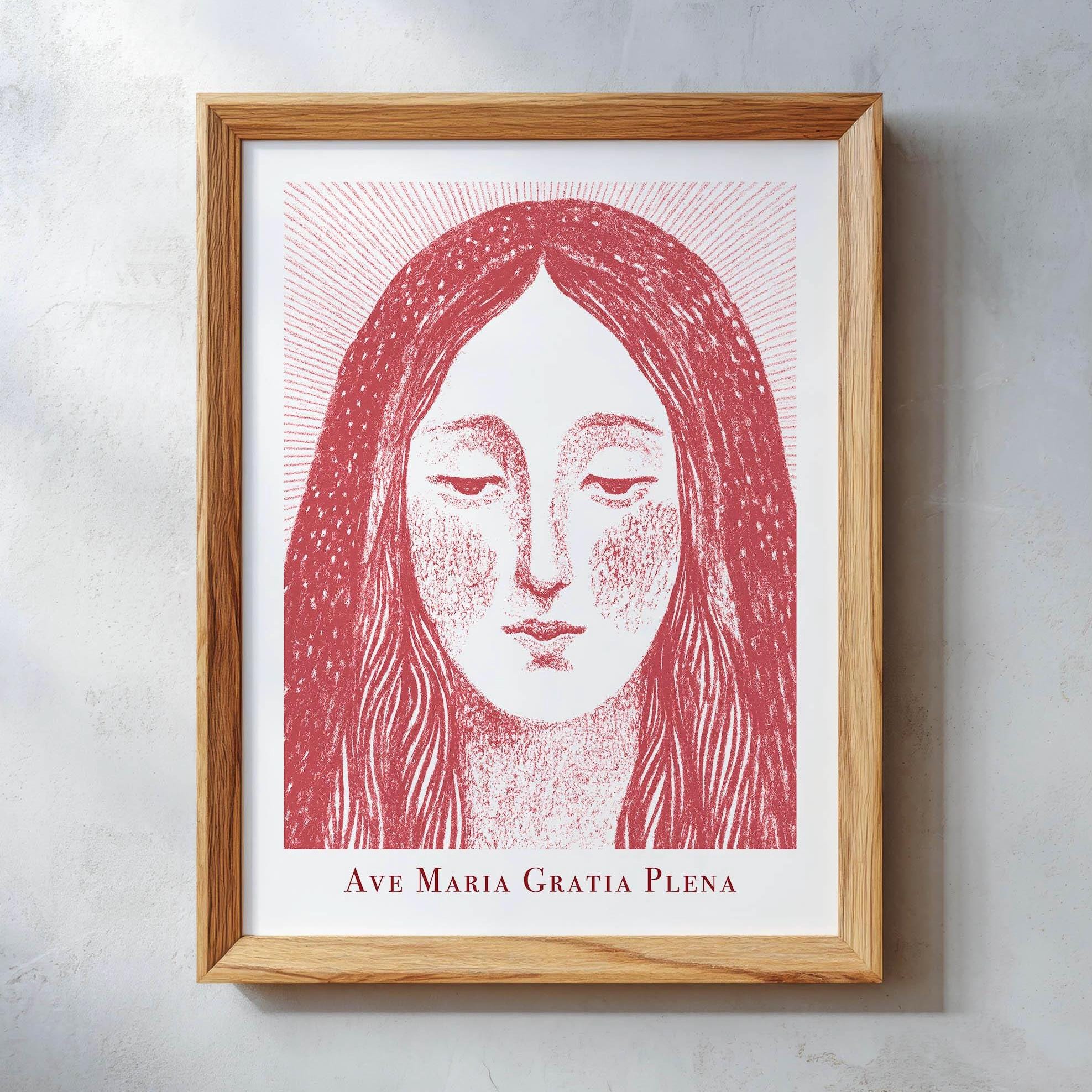 Virgin Mary Hail Mary Print — Catholic printable wall art drawn by the artist for Bluepaperdog
