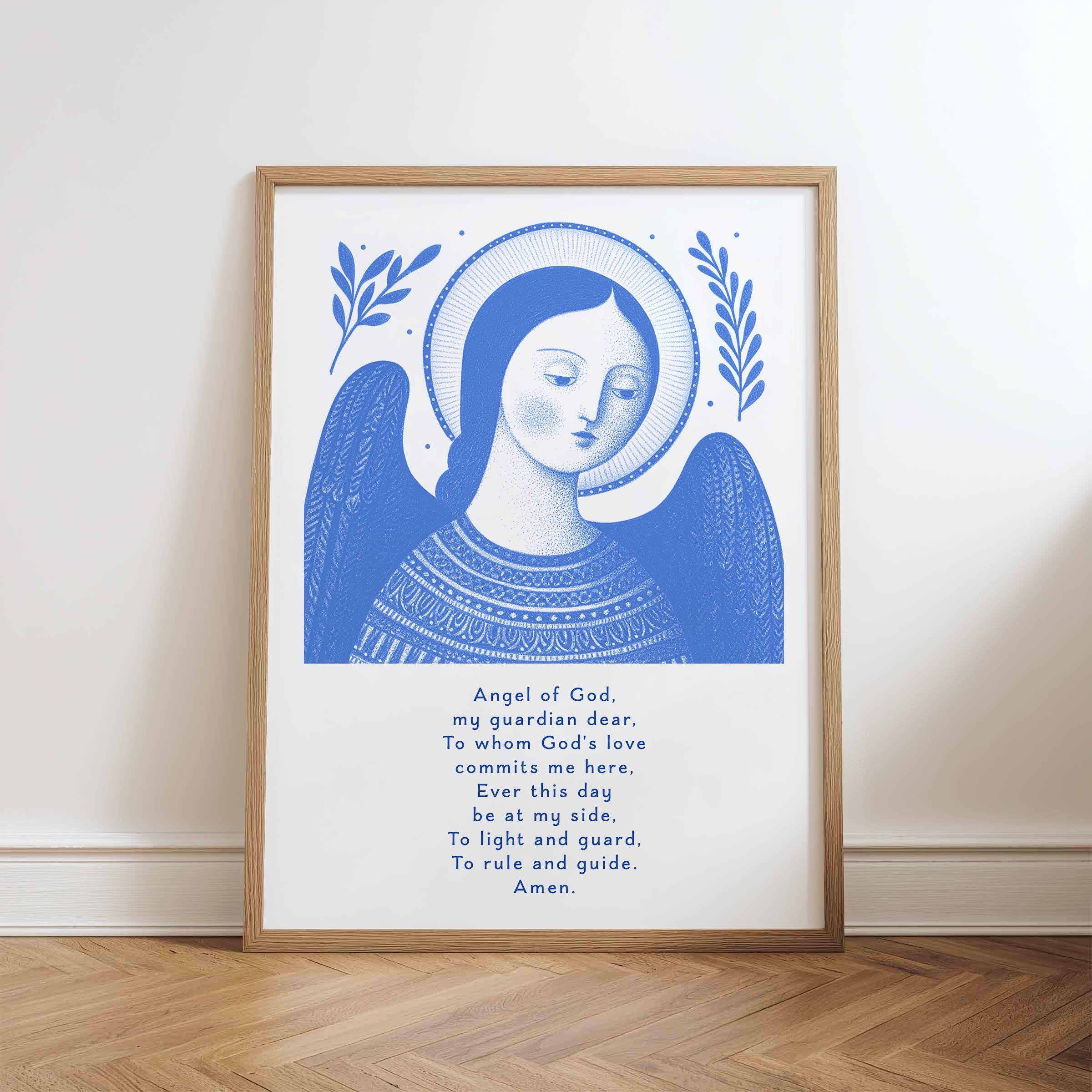 Guardian Angel Nursery Prayer Print — hand-drawn Catholic printable wall art by Bluepaperdog