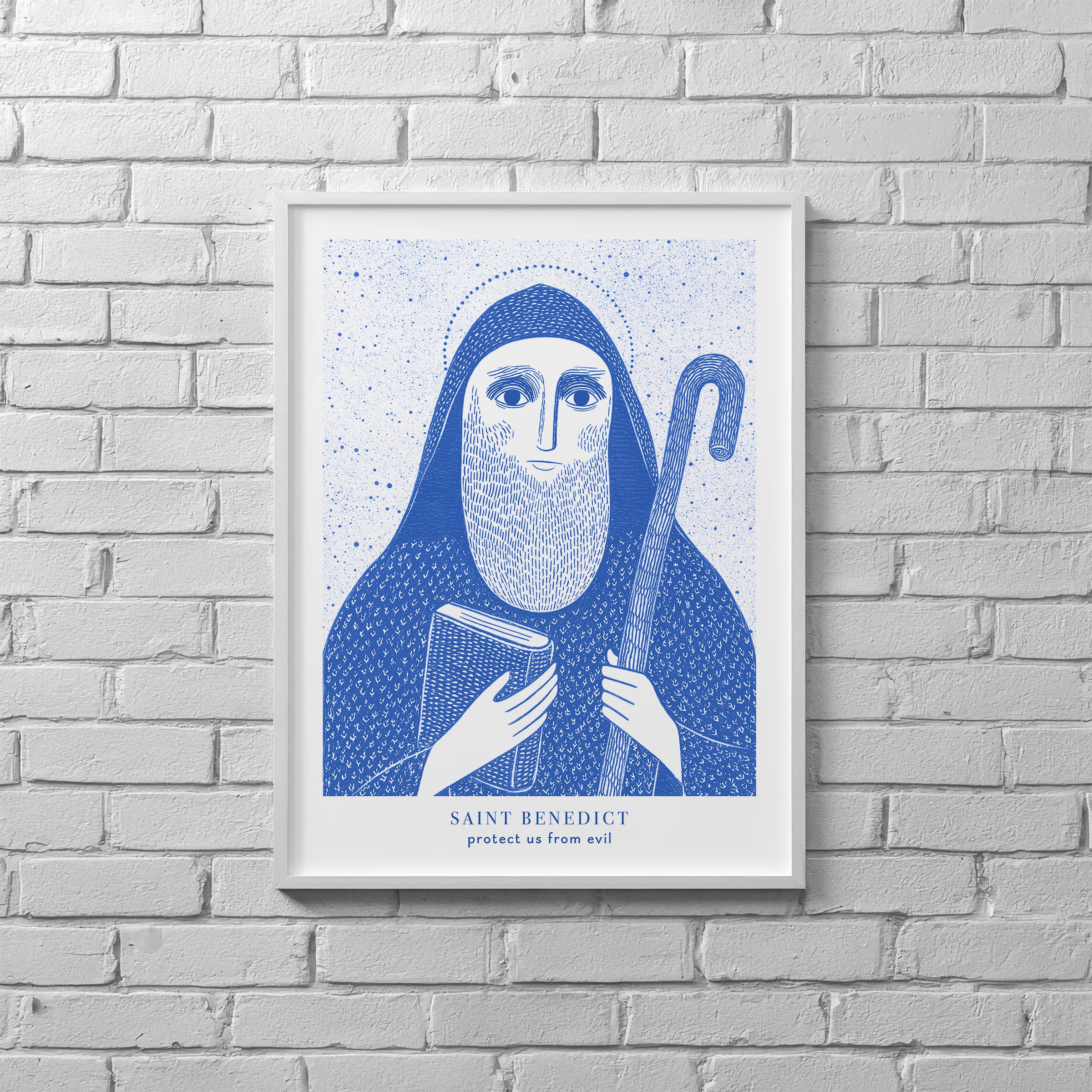 Saint Benedict Blue Protection Print — Catholic printable wall art drawn by the artist for Bluepaperdog