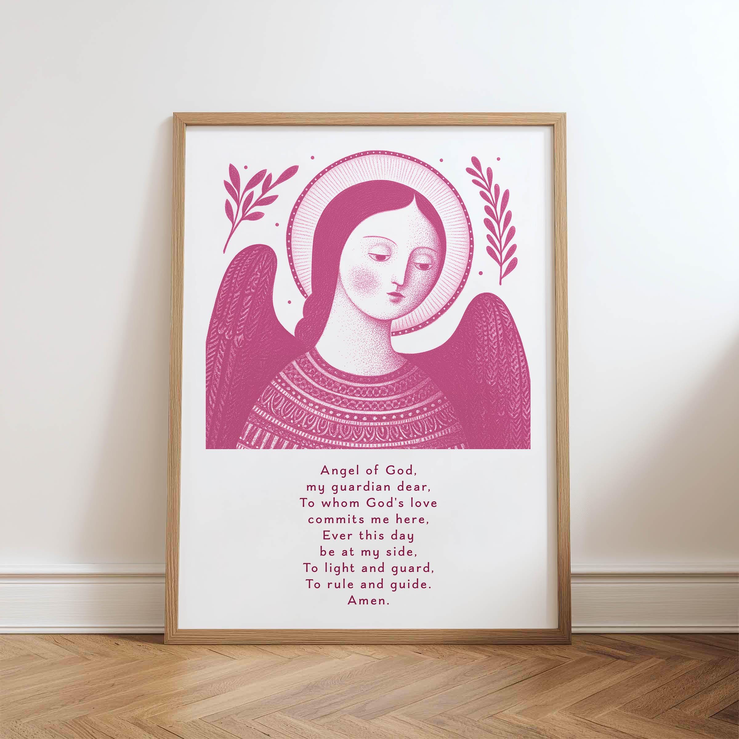 Angel Of God Prayer Print — Catholic printable wall art drawn by the artist for Bluepaperdog