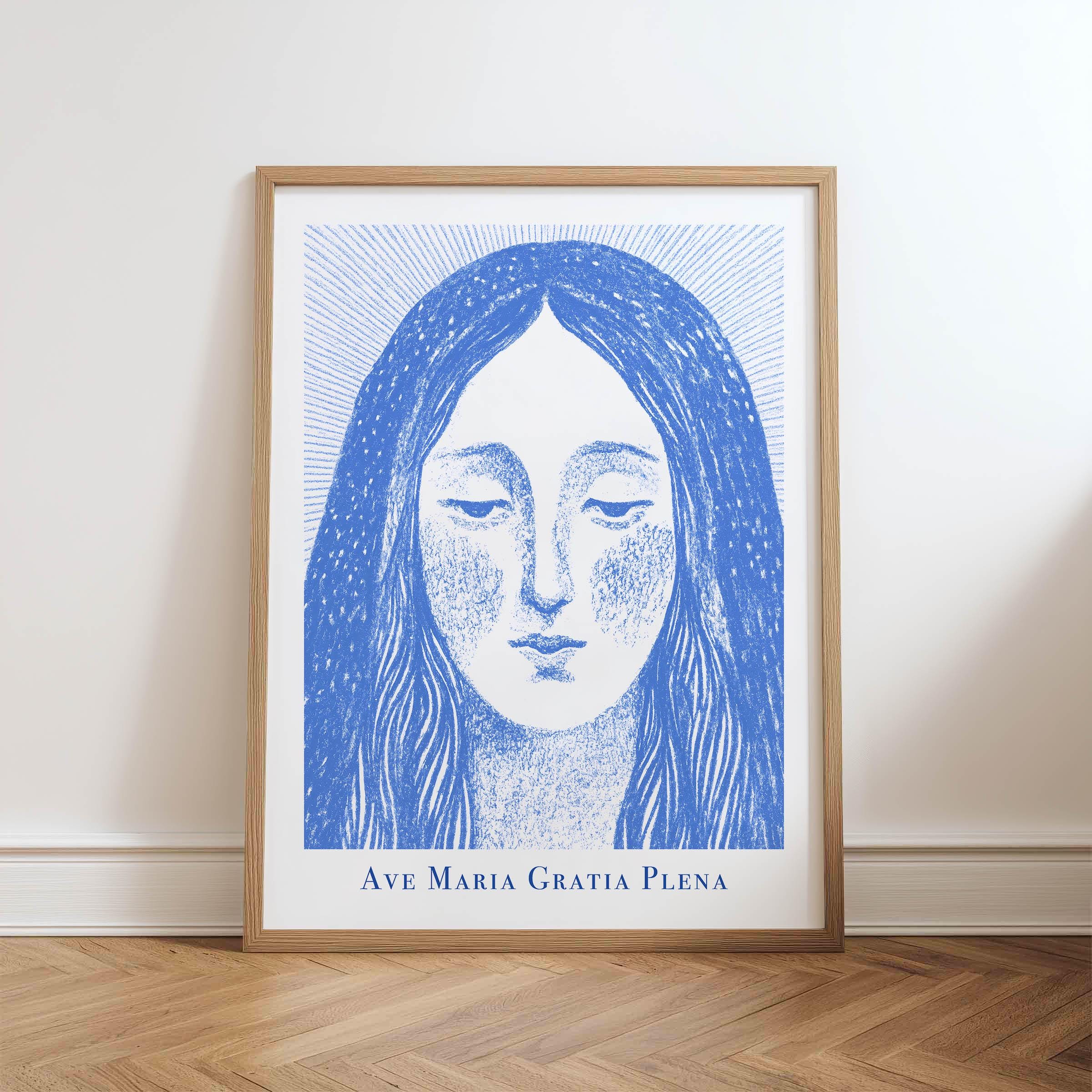 Virgin Mary Ave Maria Print — hand-drawn Catholic printable wall art by Bluepaperdog