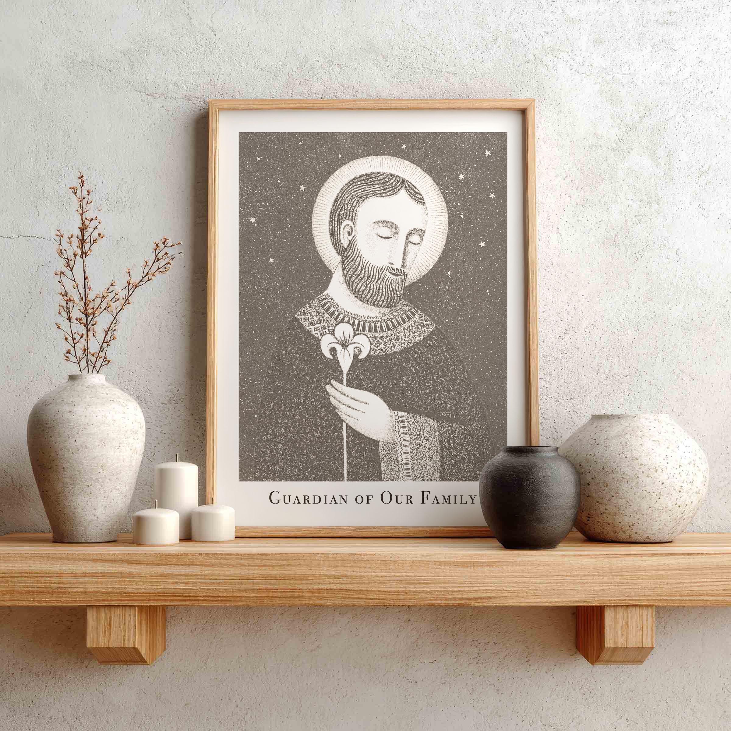 Saint Joseph Family Home Print — hand-drawn Catholic printable wall art by Bluepaperdog