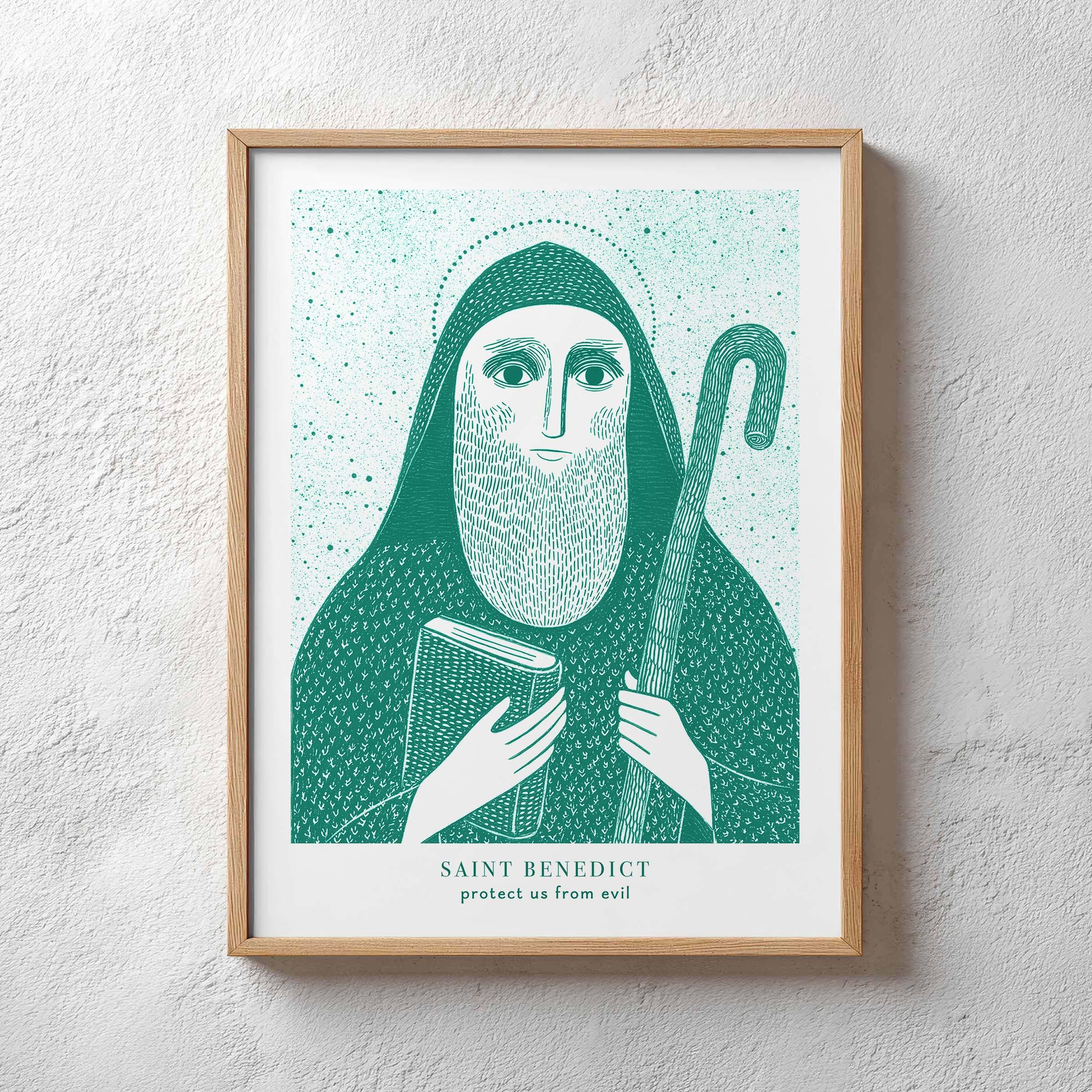 Saint Benedict Teal Protection Print — Catholic printable wall art drawn by the artist for Bluepaperdog