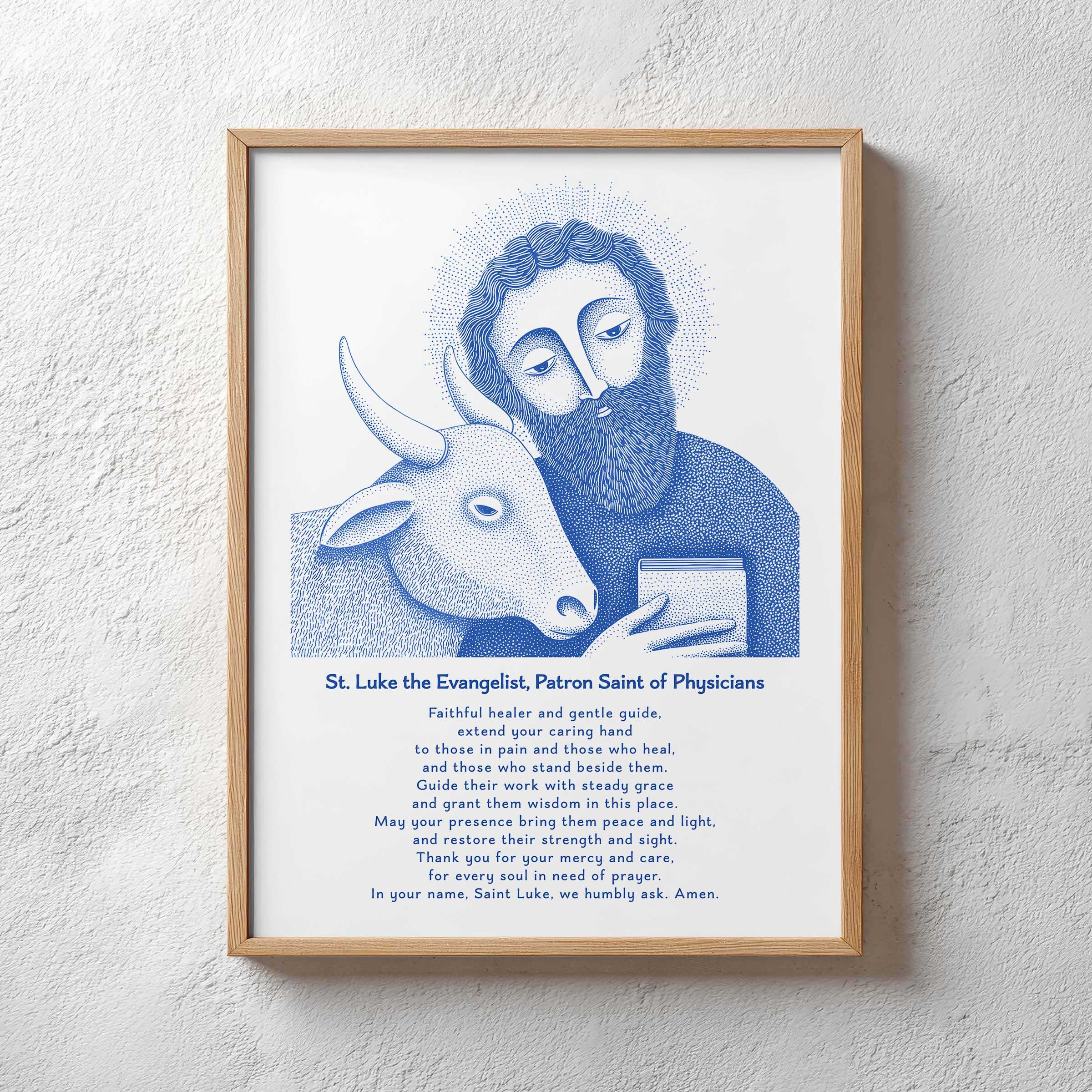 Saint Luke Blue Healing Print — Catholic printable wall art drawn by the artist for Bluepaperdog