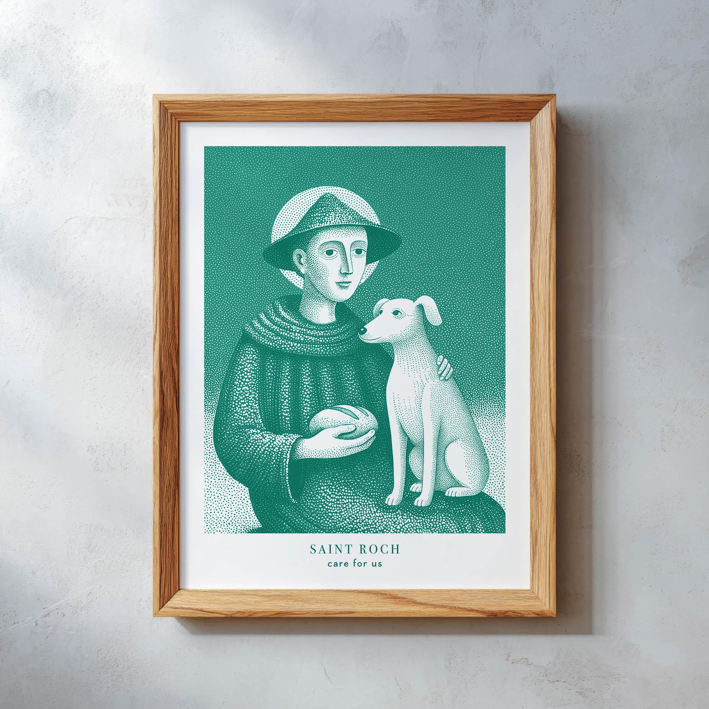 Saint Rocco Dog Healing Print — Catholic printable wall art drawn by the artist for Bluepaperdog