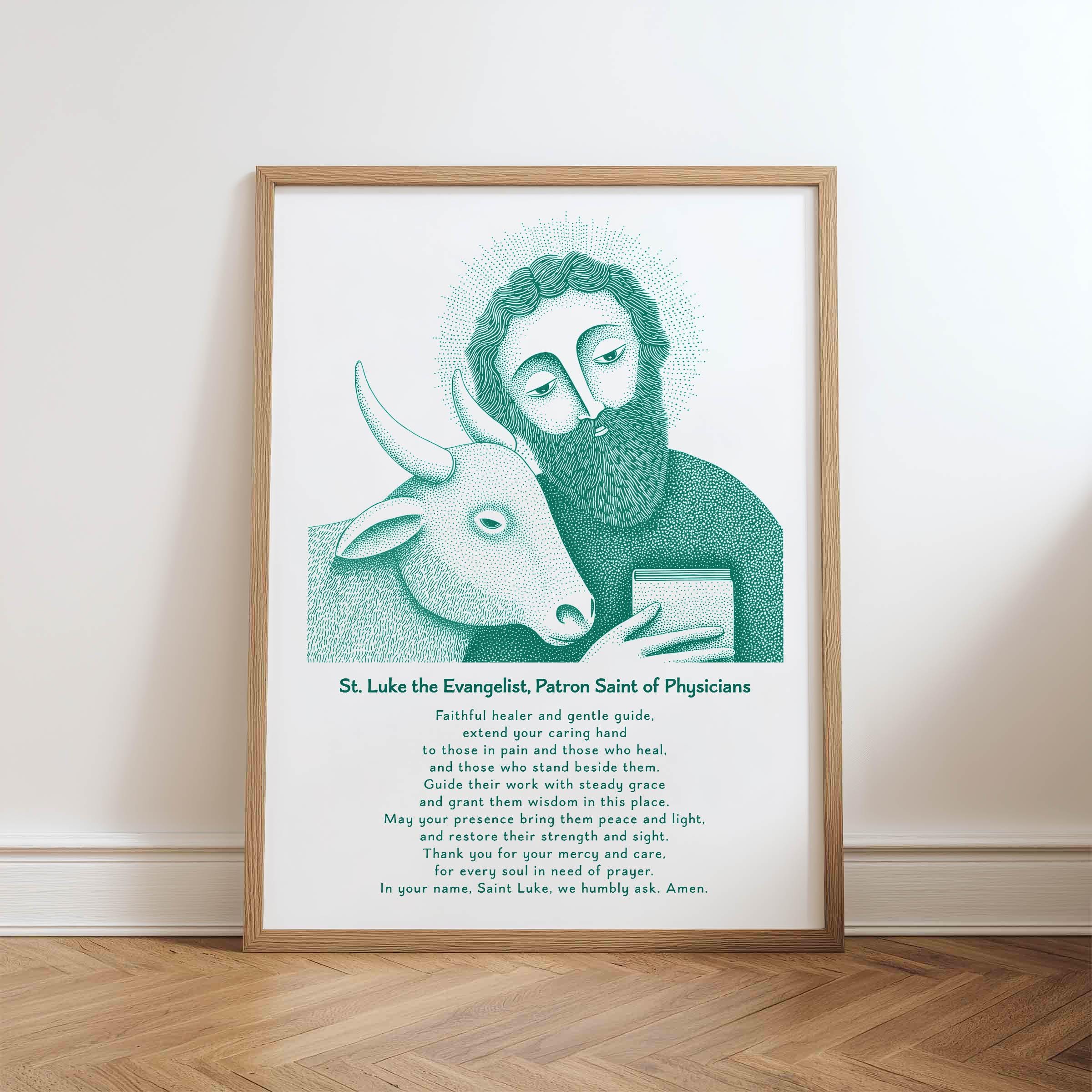 Saint Luke Physician Prayer Print — Catholic printable wall art drawn by the artist for Bluepaperdog