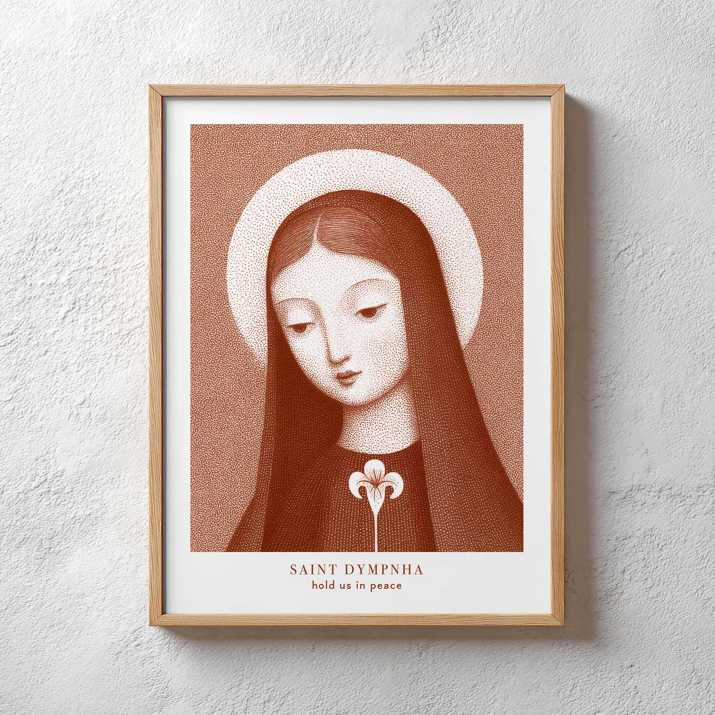 Saint Dymphna Terracotta Healing Print — Catholic printable wall art drawn by the artist for Bluepaperdog