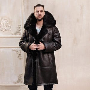 Herren-Wintermantel aus echtem Shearling-Leder, schwarzer langer Ledermantel mit Kapuze und Pelzkragen, warme Luxus-Oberbekleidung