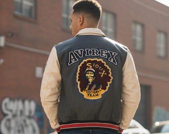 Vintage Men Avirex Varsity Leather Jacket, Sioux Football Team
