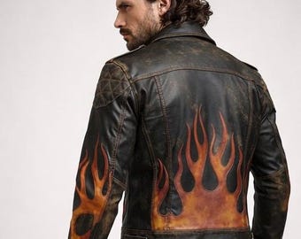 Distressed Leather Biker Jacket | Men's Genuine Cowhide Flame Motorcycle Streetwear