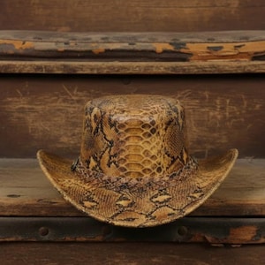 May include: A cowboy hat featuring a tan and brown snakeskin pattern across the crown and brim. The hat includes a braided band encircling the base of the crown, which is accented with small metallic studs on either side of the hat structure.