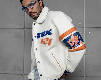 Handmade New York USA Genuine Cow Leather Varsity Jacket | Avirex latterman jacket | Premium White & Blue Streetwear Bomber Jacket