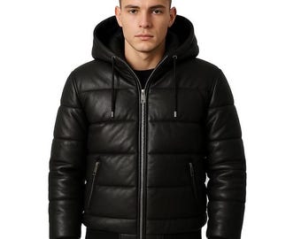 Men's Black Real Leather Puffer Jacket | Hooded Quilted Bomber