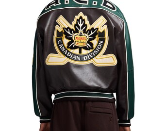 Avirex Hockey Division Varsity-jack | Groen-zwarte rundleer bommenwerper