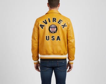 Men's Avirex Vibrant Yellow Genuine Cow Leather Jacket | Classic Bomber Style with Ribbed Cuffs