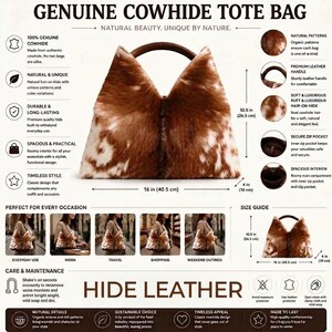 May include: A genuine cowhide tote bag with a brown and white hair-on-hide pattern, featuring a dark brown leather handle. The bag measures 16 inches wide, 10.5 inches high, and 4 inches deep, with a spacious interior and a secure zip pocket.