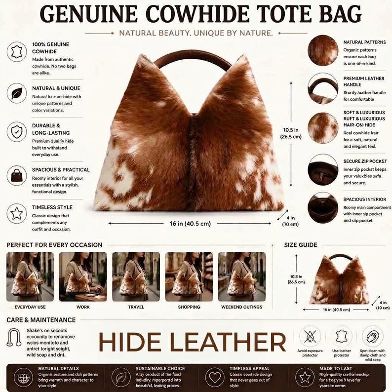 May include: A genuine cowhide tote bag with a brown and white hair-on-hide pattern, featuring a dark brown leather handle. The bag measures 16 inches wide, 10.5 inches high, and 4 inches deep, with a spacious interior and a secure zip pocket.