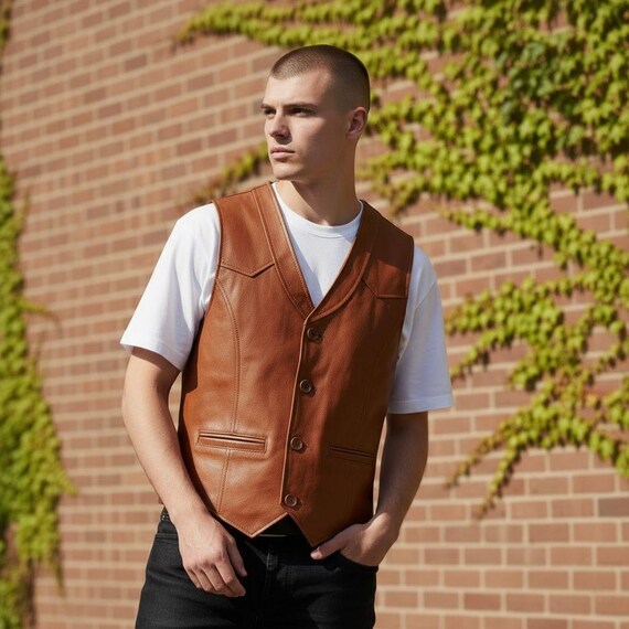 mens leather dress vest Men's Tan | Western Cowboy Waistcoat satin maxi dress with scarf styling