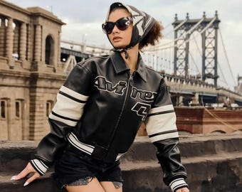 Women's Cropped Real Leather Varsity Jacket: AVIREX Style Streetwear Bomber