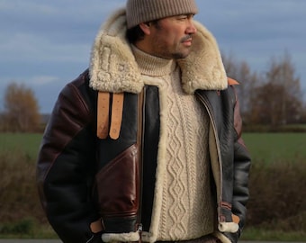 Handmade Shearling B3 Bomber Jacket Men – Vintage Sheepskin Leather Aviator Coat