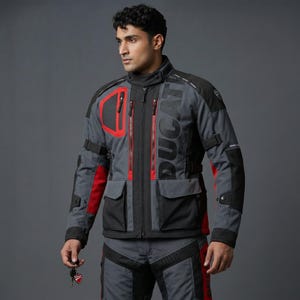 May include: A grey, black, and red motorcycle jacket featuring the word DUCATI in large black letters on the chest. The jacket includes multiple zippered pockets, a high collar, adjustable straps on the sleeves, and red accents on the chest and sides.