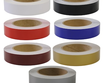 May include: Seven rolls of colored tape are displayed. The colors include white, black, red, blue, maroon, gold, and gray. Each roll is circular with a cardboard core. The tape appears to be a solid color.