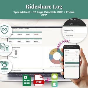 Peut inclure: Un produit numérique Rideshare Log comprenant une feuille de calcul, un PDF imprimable de 12 pages et une application mobile. L'écran affiche un tableau de bord avec les gains, les dépenses et un graphique. Des icônes indiquent l'accès à vie.