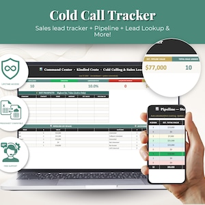 Op de afbeelding: Een digitaal Cold Call Tracker-spreadsheet weergegeven op een laptopscherm en een smartphone, met een Command Center-dashboard, pijplijnstatistieken, lead-opzoektabellen en ronde iconen voor levenslange toegang, spreadsheetcompatibiliteit en ondersteuning.