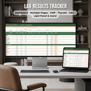 Puede incluir: Un rastreador digital de resultados de laboratorio en un monitor de computadora, tableta y teléfono inteligente. La pantalla muestra un panel con columnas para pruebas, rangos de referencia y resultados. Texto: LAB RESULTS TRACKER, Dashboard, Multiple Pages, CMP, Thyroid, CBC, Lipid Panel & more!