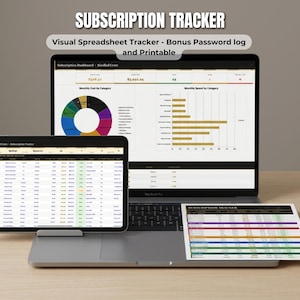 May include: A digital subscription tracker displayed on a laptop screen, a tablet, and a printed sheet. The interface features a dashboard with a pie chart, a bar graph, and a table. Text includes SUBSCRIPTION TRACKER and Visual Spreadsheet Tracker.