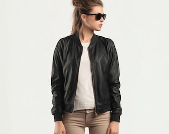 Women’s Black Genuine Leather Varsity Jacket Classic Letterman Bomber Style College Jacket Casual Streetwear Outerwear for Women
