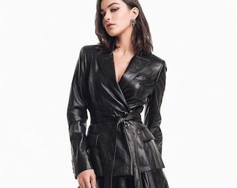 Women’s Black Genuine Real Leather Coat – Belted Waist Tie Leather Jacket – Classic Long Trench Style Fashion Outerwear for Women