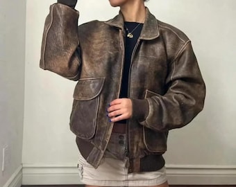 Vintage 80s 90s Aviator Leather Jacket Women – Oversized Distressed Brown Pilot Jacket